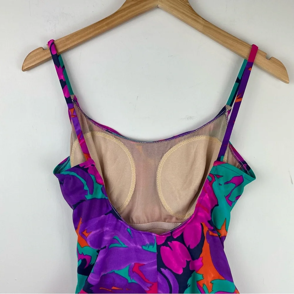Vtg Y2K Abstract Swim One Piece Sz 16 High Cut Neon Floral Print Ruched